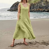 Boho ruha Ujjatlan Egyszínű Pamut vászon zsebekkel Maxi hosszú nyári ruhák Zöld M