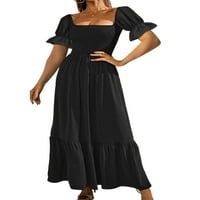 Bomotoo női nyári strand Sundress Rövid ujjú Maxi ruhák négyzet alakú nyakú hosszú ruha Kaftan Holiday Black 2XL