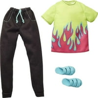 Barbie divat, Ken baba ruházat Neon láng ing, fekete nadrág és Slide szandál