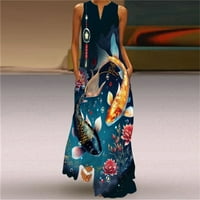 Lisingtool ruhák nőknek nők nyári alkalmi Ujjatlan nyomtatás V nyakú Maxi laza ruha Boho Beach hosszú Sundress zsebekkel