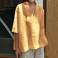 Női blúzok női divat V-nyakú Pamut vászon Rövid ujjú száz egyszínű laza ing felső Sárga XL