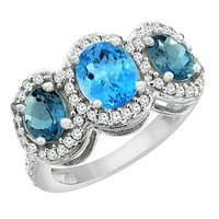 10k fehér arany természetes svájci kék topáz & London kék topáz 3-kő gyűrű ovális gyémánt akcentus, Méret 9.5