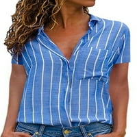 Bomotoo Női blúz rövid ujjú ing gomb le felsők elegáns tunika ing üzleti Kék fehér szalag XL