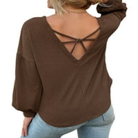 Capreze póló Női legénység nyak póló Hosszú ujjú póló gofri kötött pulóver kötött tunika blúz Fekete XL