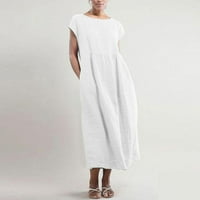 Usmixi nyári ruhák Női Alkalmi Pamut vászon zseb plusz méretű Maxi ruhák rövid ujjú Crewneck szilárd hosszú ruha Fehér
