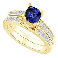Szimulált Kék Tanzanite & kerek vágott fehér természetes gyémánt jegygyűrű 14k sárga arany Gyűrűmérettel -7