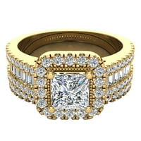 Princess Vágott Gyémánt Párna Halo Jegygyűrű Készlet 1. Karátos teljes súly 14k arany