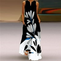 Női ruhák V-nyakú Maxi Alkalmi A-Line nyomtatott ujjatlan nyári ruha Fekete XL