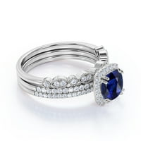 Vintage karátos párna vágott Royal Lab létrehozott Kék zafír esküvői trió gyűrű készlet 18K fehér arany felett ezüst
