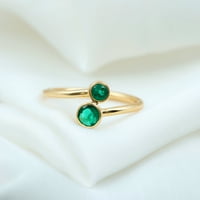 Egyszerű smaragd ígéret gyűrű a nők számára, két kő Bypass gyűrű, 14k sárga arany, US 9.50