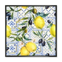 Designart 'A citrom dísz geometriai mintája a kék III' trópusi keretes vászon fali művészet nyomtatás
